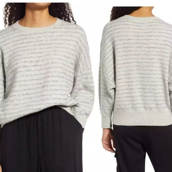 Nordstrom Sweater M NWT Alpaca Wool Blend Gray Metallic Stripe Holiday Pullover - Picture 1 of 10